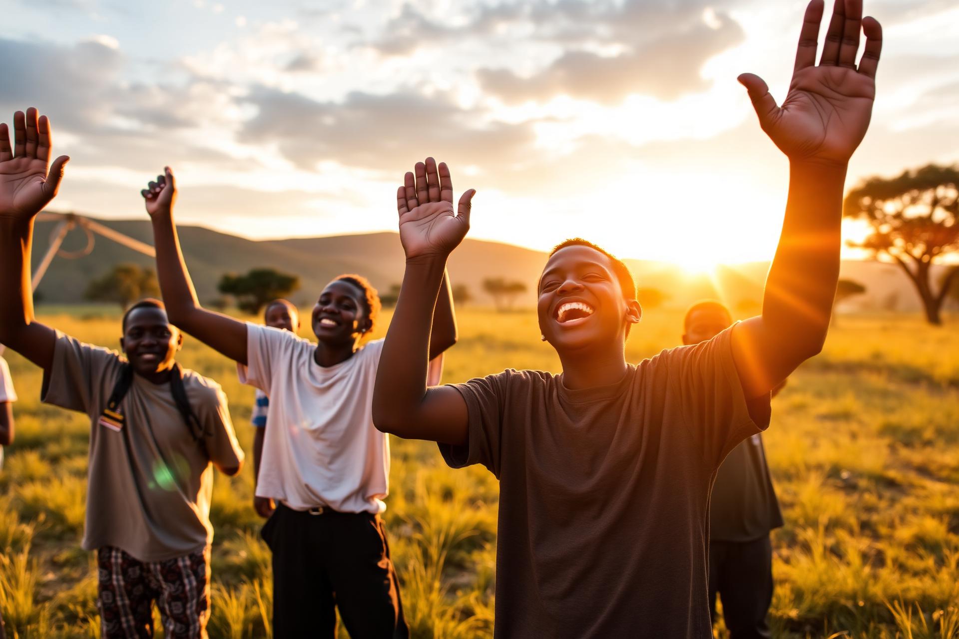Teenagers worshipping at sunset